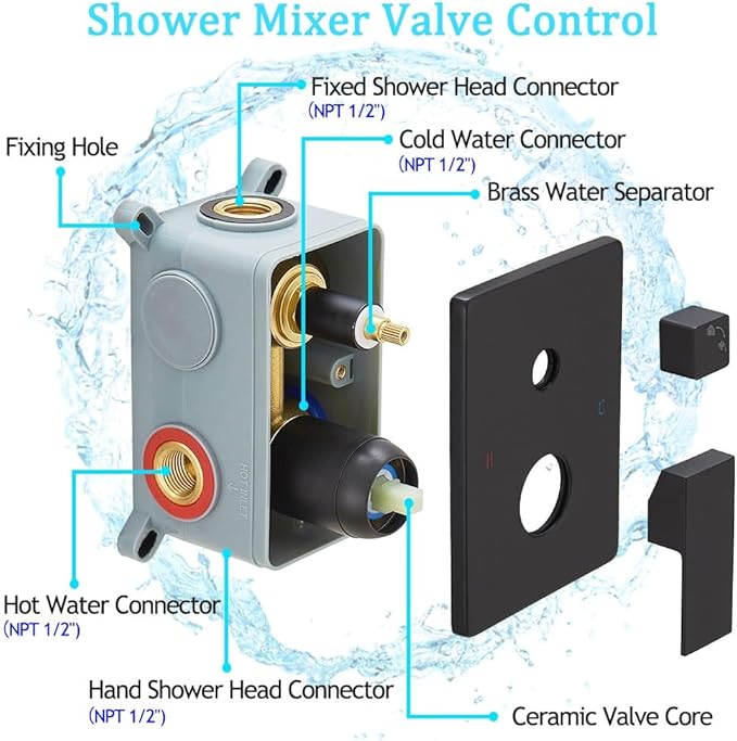 Rainfall Shower System Matte Black Shower Faucet Set with High Pressure 12inch Shower Head Hand Held Square Shower Head Bathroom Luxury Rain Mixer Shower Complete Combo Set Wall Mounted