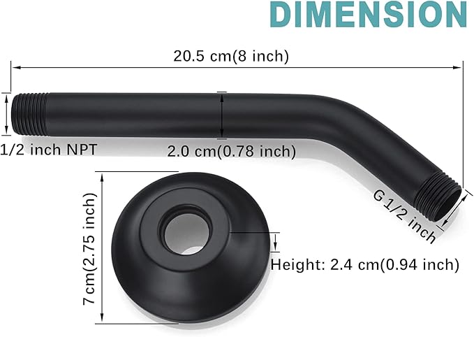 BESTILL Wall Mounted 8 Inch Shower Head Arm, Shower Arm and Flange Included, Matte Black