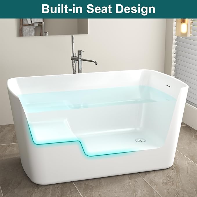 49" Acrylic Freestanding Soaking Tub w/Seat- Contemporary Design with Toe-Tap Drain & Brushed Nickel Overflow - 55 Gal, cUPC Certified