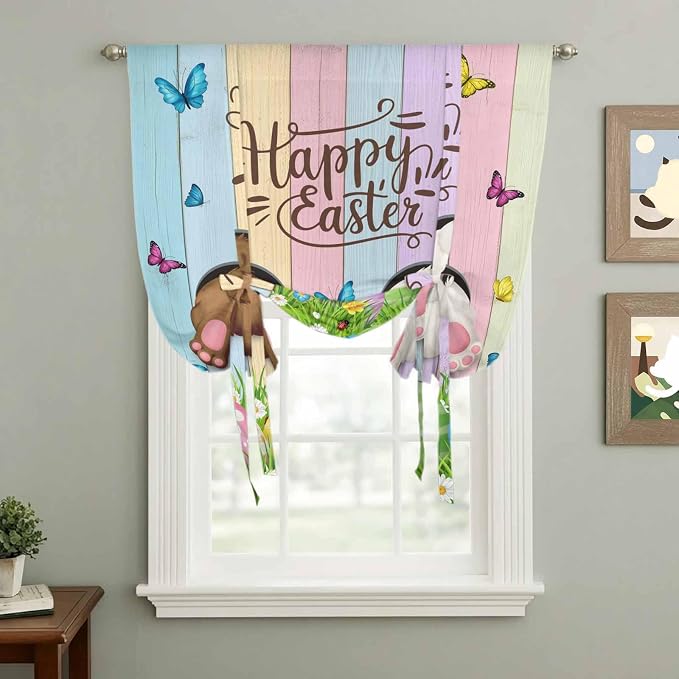 Tie Up Curtains, Happy Easter Rabbit Butt Egg on Daisy Leaf Adjustable Rod - Image 3