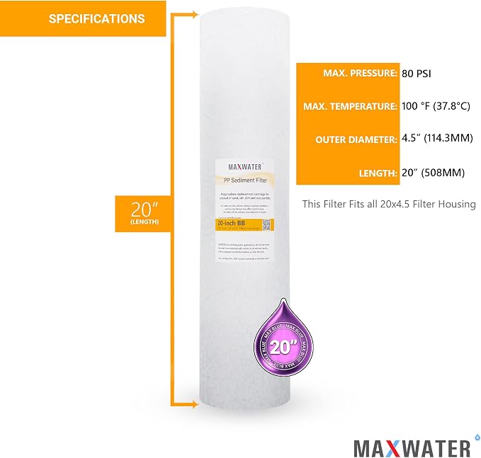 Max Water 20" x 4.5" 10 Micron Sediment Water Filter, Whole House Water Filter - Image 2