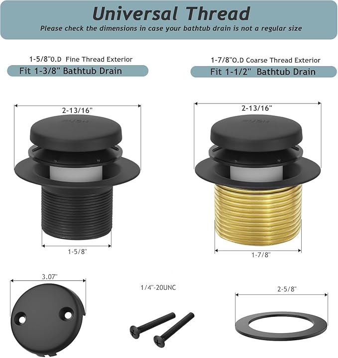 Tip-Toe Bathtub Drain Kit with Two-Hole Overflow Plate, Premium Quality Bath Tub Drain Replacement, Universal Fine/Coarse Thread Bathtub Stopper (Matte Black)