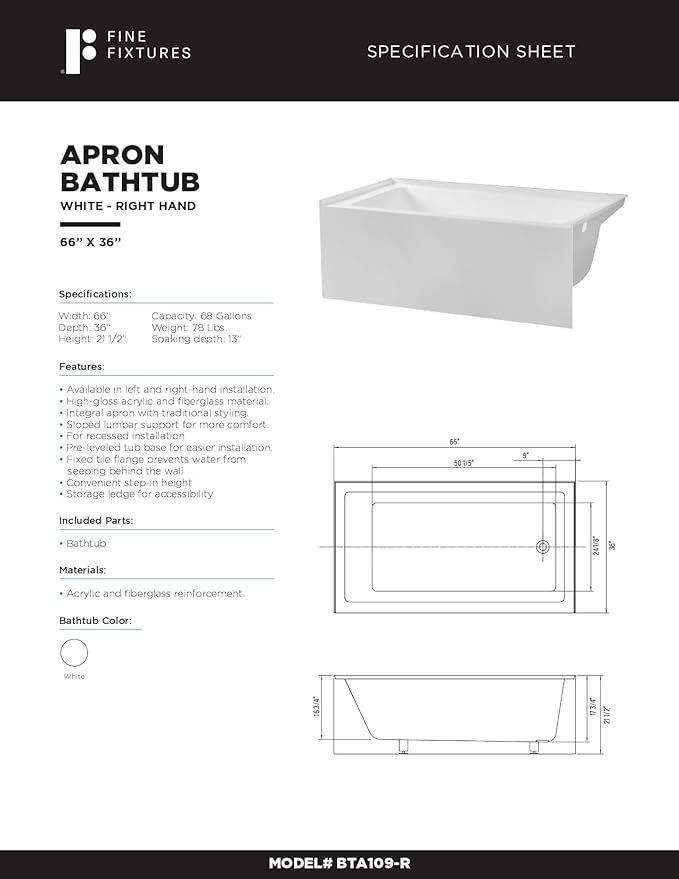 Fine Fixtures Acrylic, Fiberglass Alcove Soaking Bathtub with Integral Apron Front in Glossy White - Right Hand Drain, 66" x 36"