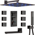 Thermostatic Shower System Oil Rubbed Bronze Tub Shower Faucet Set with Tub Spout and 12 Inch Wall Mounted LED Rainfall Full Body Shower Head, 6 PCS Body Jets, Handheld Shower