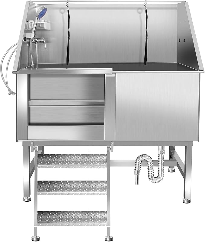 50 Inch Stainless Steel Dog Washing Station, Professional Grooming Tub with Stairs for Large Dogs, Home Bathtub for Pets with Hot & Cold Faucet