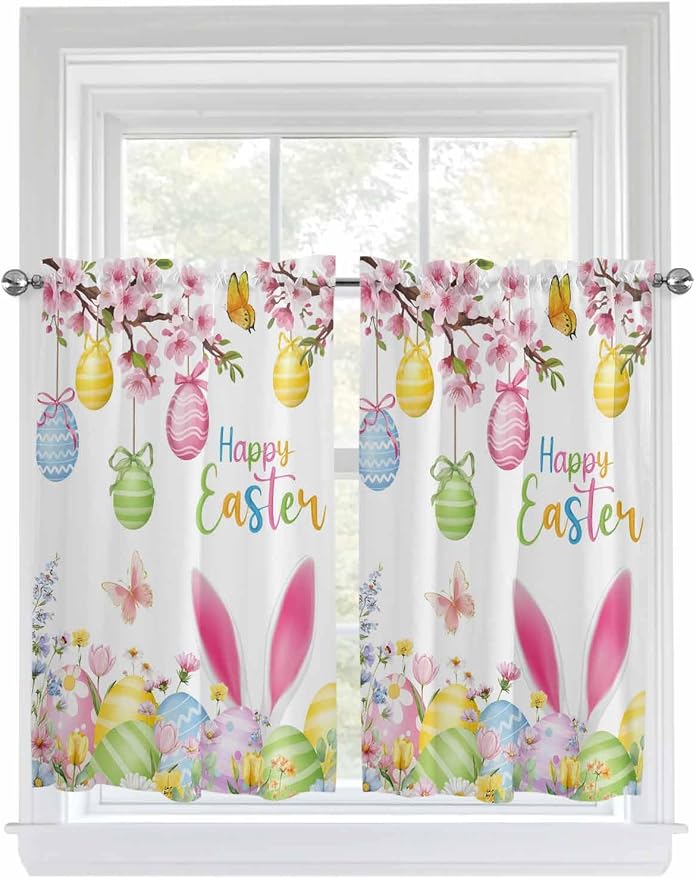 Happy Easter Kitchen Curtains 54 Inches Length, Spring Watercolor Bunny Eggs by Unknown