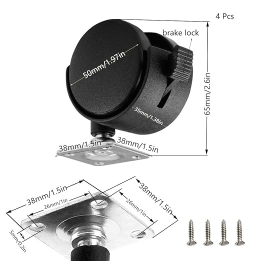 Black Plastic Caster Wheels 2 inch Locking Small Casters Set of 4 - Image 2