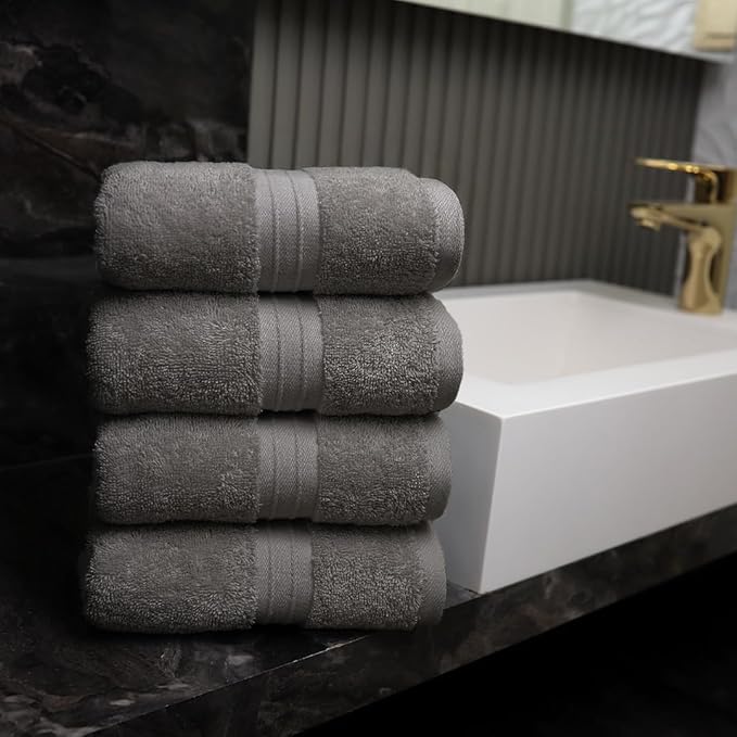 Hand Towels Set of 4 - Soft & Thick, Large (16"x 28") 100% Cotton, Luxury, Extra Soft - Versatile, Perfect as Bath and Kitchen Towel, Drying Towels, Wash and Gym Cloths - Gray