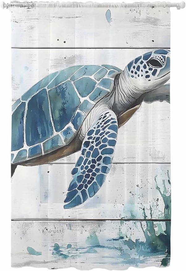 Sheer Curtains 108 Inches Long, Teal Green Sea Turtle Semi Sheer Curtains Light by Unknown