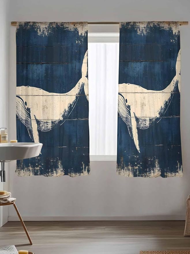 Sheer Curtains 63 Inch Length, Ocean Whale Blue Semi Sheer Curtains Light - Image 5