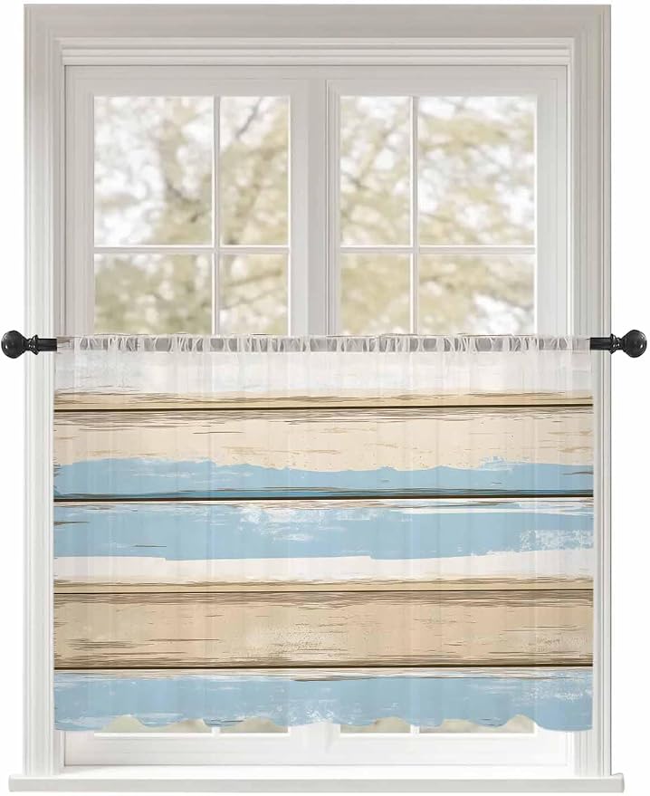 Sheer Curtains 45 Inch Length, Vintage Geometric Blue Semi Sheer Curtains Light by Unknown