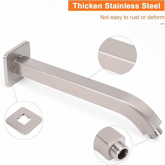 HarJue Shower Arm with Flange and Teflon Tape, Wall Mounted Square Shower Pipe 304 Stainless Steel Extension Arm for Fixed Shower Head & Handheld Shower (10 Inch, Brushed Nickel)