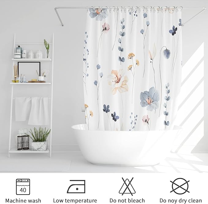 Gibelle Watercolor Floral Shower Curtain, Blue Beige Flower Shower Curtain for Bathroom, Modern Minimalist White Waterproof Fabric Shower Curtain Set 72x72 Inch