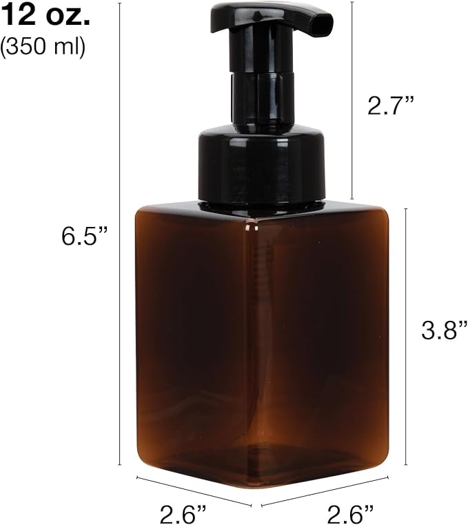 Ginger Lily Farms Foaming Soap Dispenser, Refillable Plastic Pump Bottles for Liquid Hand Soap, 12 oz. Amber Bottle with Black Pump, 2-Pack