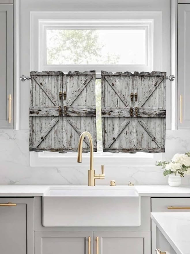 Vintage Gate Half Window Curtain 36 Inches Long, Farmhouse Wooden Grain Shabby - Image 3