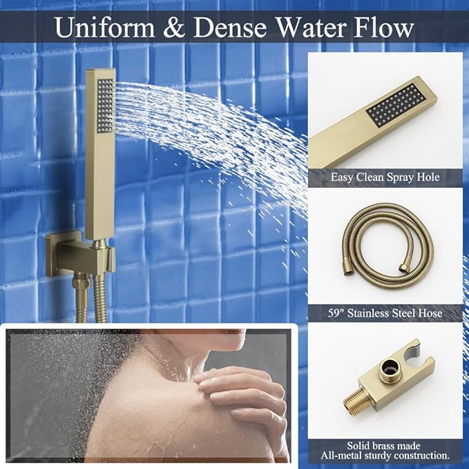 Shower Faucet Set Brushed Gold Shower System, Knob Switch Diverter Shower Faucet with High Pressure Handheld Spray, Ceiling Mount 12 Inch Shower Head with 6 Inch Wall Mount Shower Head