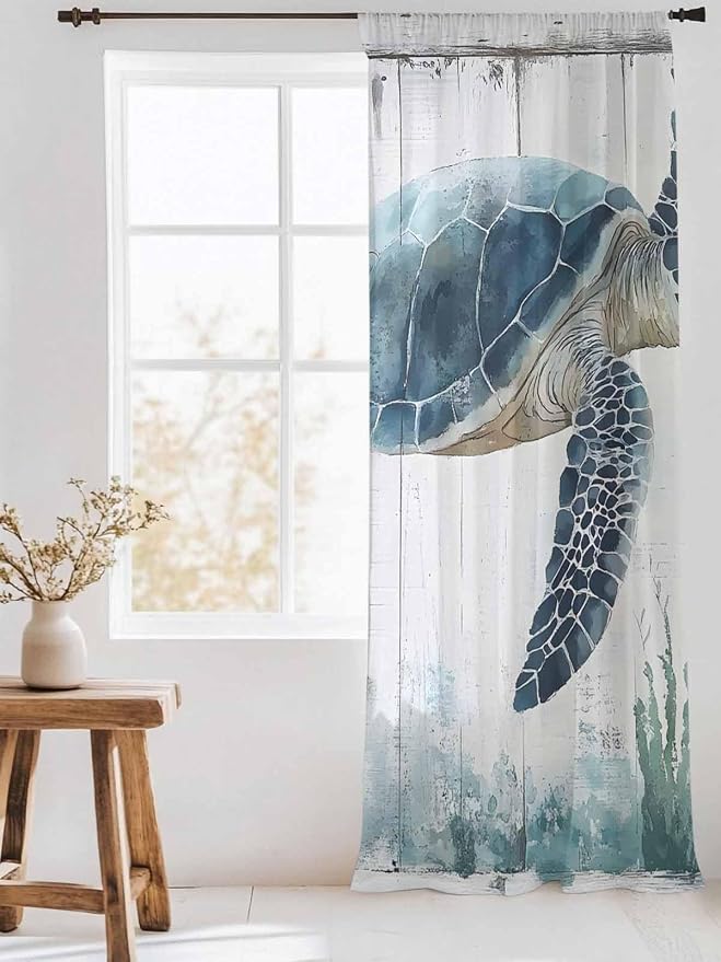 Sheer Curtains 84 Inches Long, Sea Turtle Teal Blue Semi Sheer Curtains Light - Image 3