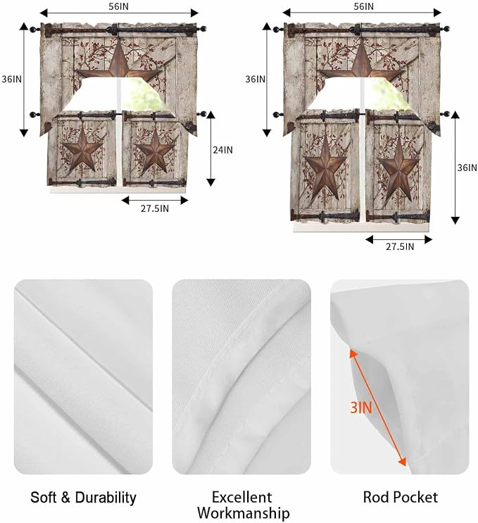 Country Star Swag Kitchen Curtains Valance and Tier Set, VintageRust Yellow - Image 6