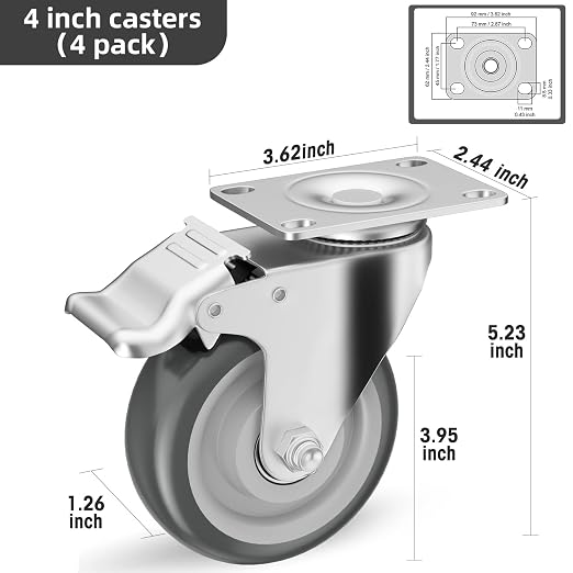 4" Swivel Plate Casters with Brake - Image 3