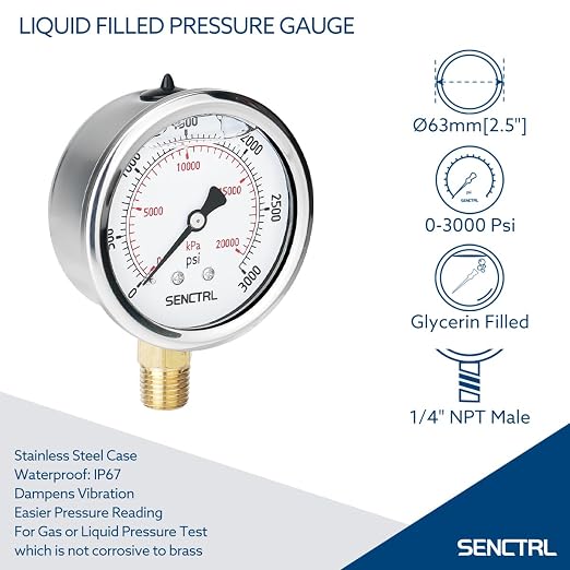 SENCTRL 3000 Psi Glycerin Liquid Filled Hydraulic Pressure Gauge, 2.5" Dial Size - Image 2
