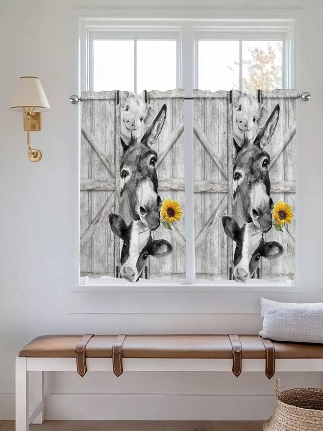 Grey Farmhouse Kitchen Curtains 45 Inches Length, Vintage Sunflowers Animals - Image 4