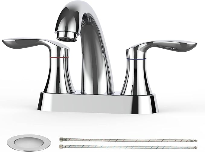 Bathroom Faucet, 4 Inch Bathroom Faucets for Sink 3 Hole, Centerset Bathroom Sink Faucet with Pop Up Drain and cUPC Lead-Free Hose(Chrome)