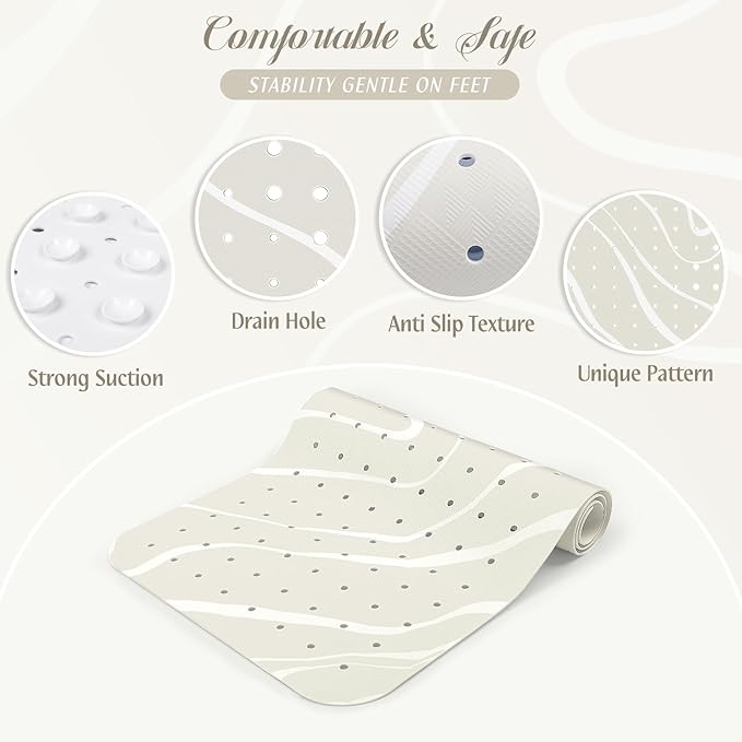 SHUCHING White Minimalist Lines Bath Mat for Tub Non Slip-40 X 16Inch, Bathtub Mat Anti Slip, Extra Long Shower Mat for Bathroom Mold Free, Machine Washable
