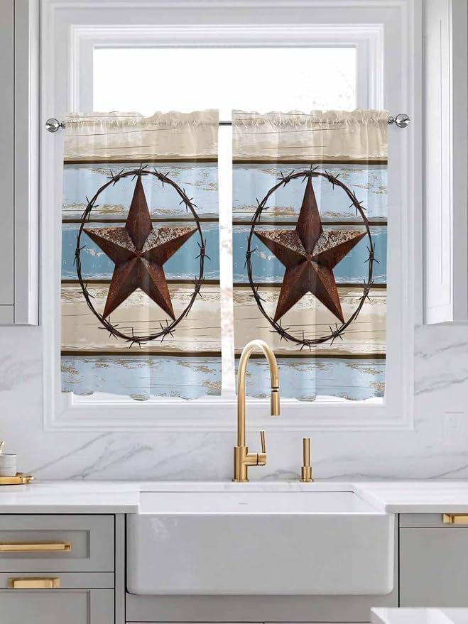 Vintage Western Star on Wood Grain Window Valance Curtains, Retro Wooden by IDOWMAT