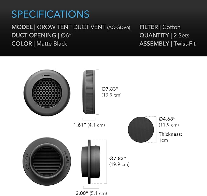 AC Infinity Grow Tent Duct Vent, 2 Pack – Light-Blocking Twist-On Air Vents - Image 7