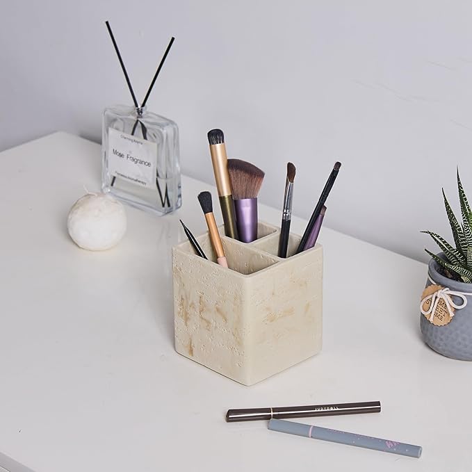 Natural Travertine Textures Toothbrush Holders for Bathroom, Electric Toothbrush and Toothpaste Holder 3 Slots Tooth Brush Organizer for Bathroom Countertop, Shower, Vanity