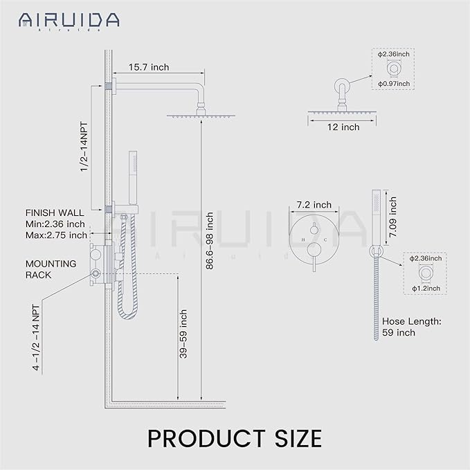 Airuida Shower Fixtures 2 Functions Shower Faucet Set Wall Mounted for Bathroom High Pressure Brass Handheld Shower with Rough-in Valve Round Rainfall 12 Inch Shower Head Brushed Gold