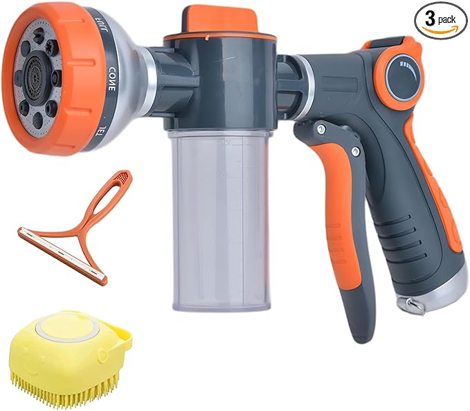 Dog Washing Hose Attachment, 8-in-1 Sprayer Hose Nozzle with Soap Dispenser for Dog Showering, Watering Flowers, Car Washing (With Brush and Lint Remover)