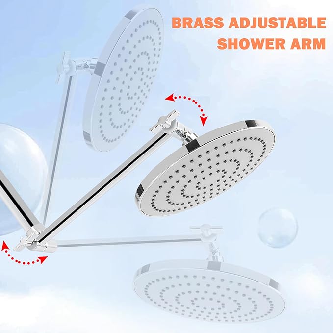 HarJue High Pressure Shower Head with 11 IN Adjustable Arm, Rainfall with Shower Arm-Make Water Flow Down Vertically for Better Bathing Experience(8 In, Chrome)