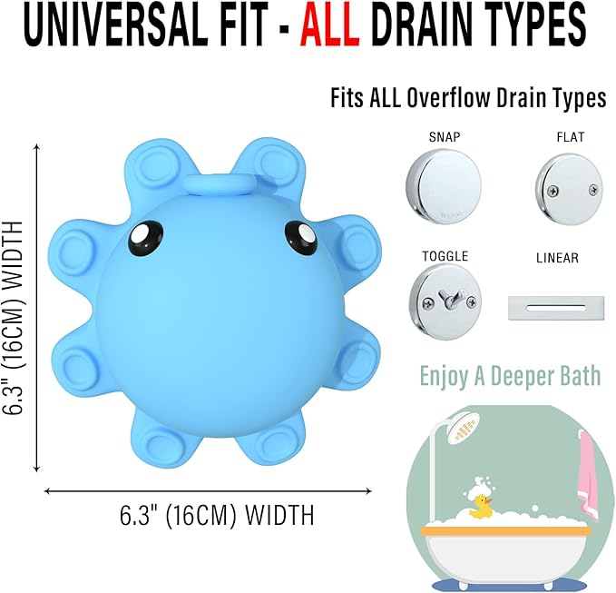 Bathtub Overflow Drain Cover Tub - Silicone Bathroom Overflow Drain Cover, Bath Tub Overflow Cover, Bathroom Spa Accessories, Adds Inches of Water for Deeper&Warmer Bath，Blue