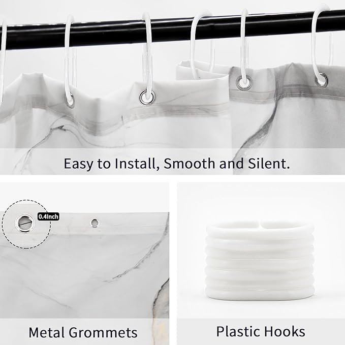 Gibelle Long Fabric Shower Curtain 72 x 78, Tall Abstract Grey Marble Shower Curtain, Modern Ink Art Waterproof Fabric Shower Curtain Set with Hooks