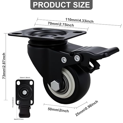 2 Inch Caster Wheels Set of 12, Heavy Duty Casters, - Image 2