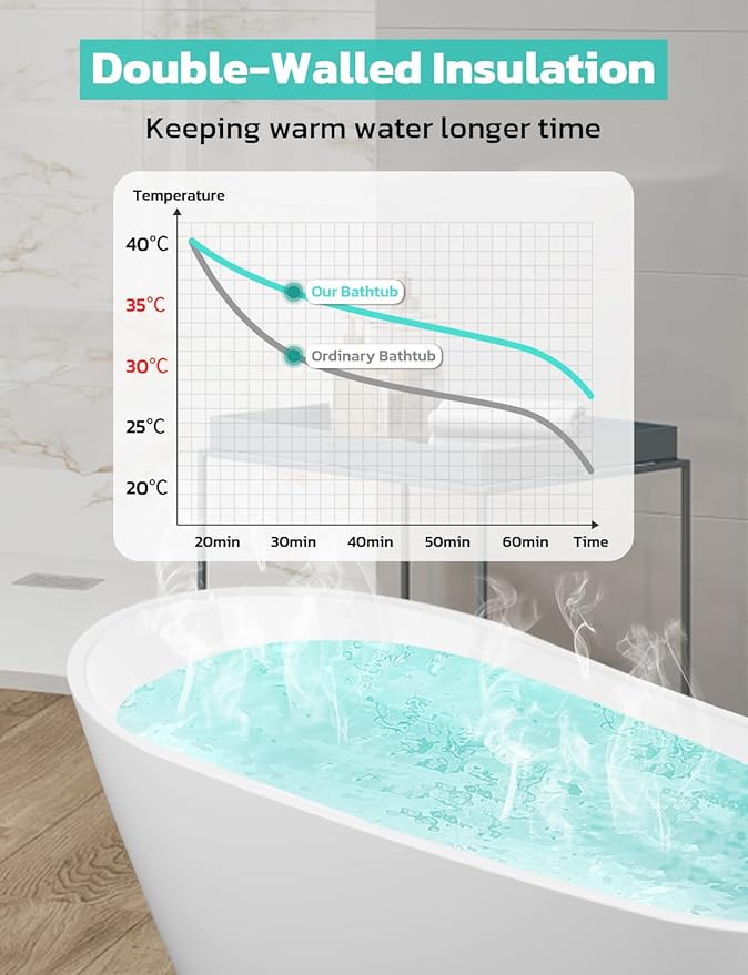 55 Inch Acrylic Freestanding Bathtub, Glossy White Contemporary Soaking Tub with Silver Toe-Tap Pop-Up Chrome Drain, Integrated Slotted Brushed Nickel Overflow, 55 Gal cUPC Certified Tub