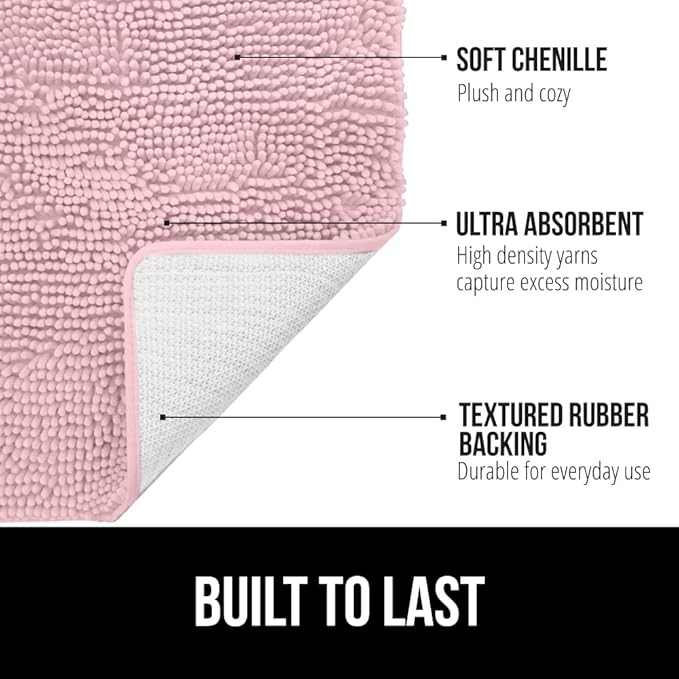 GORILLA GRIP Bath Rug Mat, Soft Absorbent Chenille, Quick Dry Microfiber Mats, Rubber Backing Washable Shower Floor Rugs, Bathmat Runner, US Designed Bathroom Home Decor Accessories 24x17 Light Pink