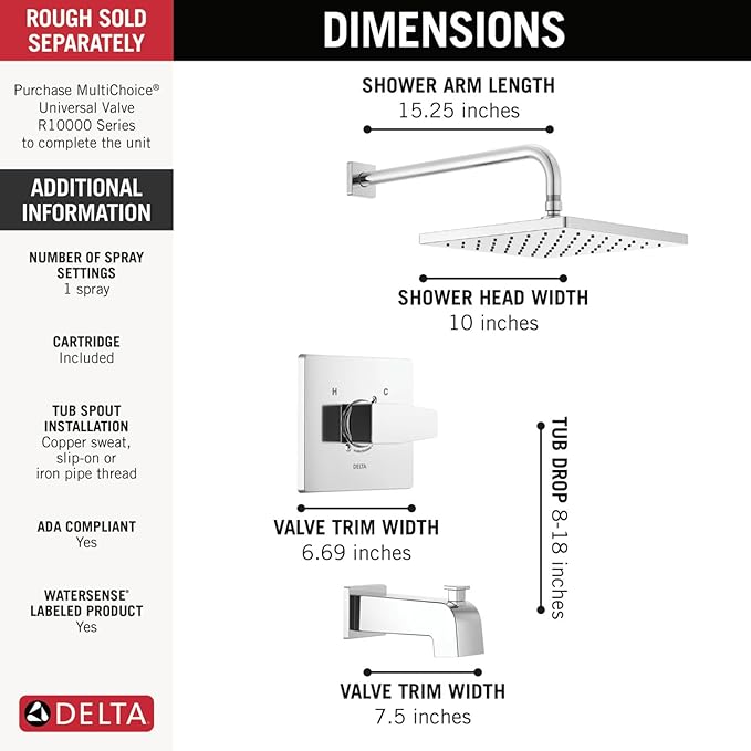 Delta Faucet Modern Raincan Square Single-Function Tub and Shower Trim Kit Brushed Nickel, Tub Faucet Set, Rainfall Shower Head, Spotshield Stainless T14468-SP-PP (Valve Not Included)