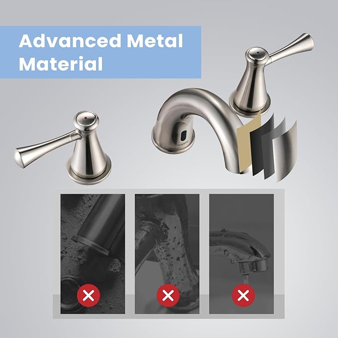 Touchless Bathroom Faucet for 3 Holes with 3 Handles, Controlling Temperature & Adjustable Water Flow, Short & Long Induction Modes, Auto Motion Sensor Brushed Nickel Bathroom Faucet Set 29180