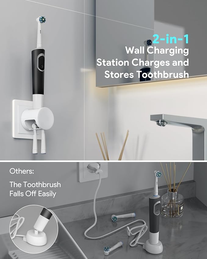 2-in-1 Wireless Wall Station Compatible with Oral-B Braun Electric Toothbrush, 3-Port US Plug with 2 Holders Fast Wall Charger for IO2/3/4/5/6, Pro 1/3/1000/2000, D100/Genius/Smart, IPX6, White
