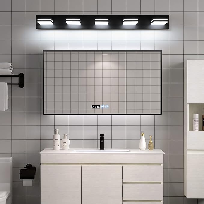 SineRise LED Modern Bathroom Vanity Light Fixtures (5-Light, 40-Inch, Dimmable), Matte Black Modern Acrylic Bathroom Wall Lighting Fixtures Over Mirror (Cool White 6000K)