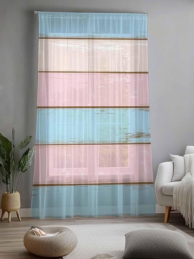 Sheer Curtains 108 Inches Long, Farmhouse Country Shabby Striped Privacy Voile - Image 2
