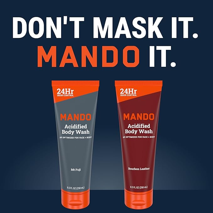 Mando Acidified Body Wash - 24 Hour Odor Control - Removes Odor Better than Soap - Formulated without SLS or Phthalates - Skin Safe - 8.5 Ounce (Pack of 2) - Bourbon Leather and Mt Fuji
