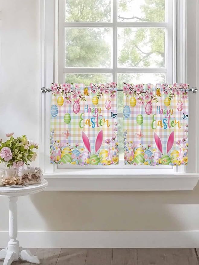 Happy Easter Half Window Curtains 24 Inches Long, Spring Bunny Colorful Eggs - Image 7