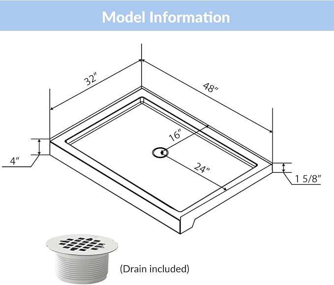 MORVANO 48" X 32" Shower Base with Center Drain,Single Threshold Shower Pan Kit Non-Slip in White, Central Drain with Stainess Steel Cover (Drain included)