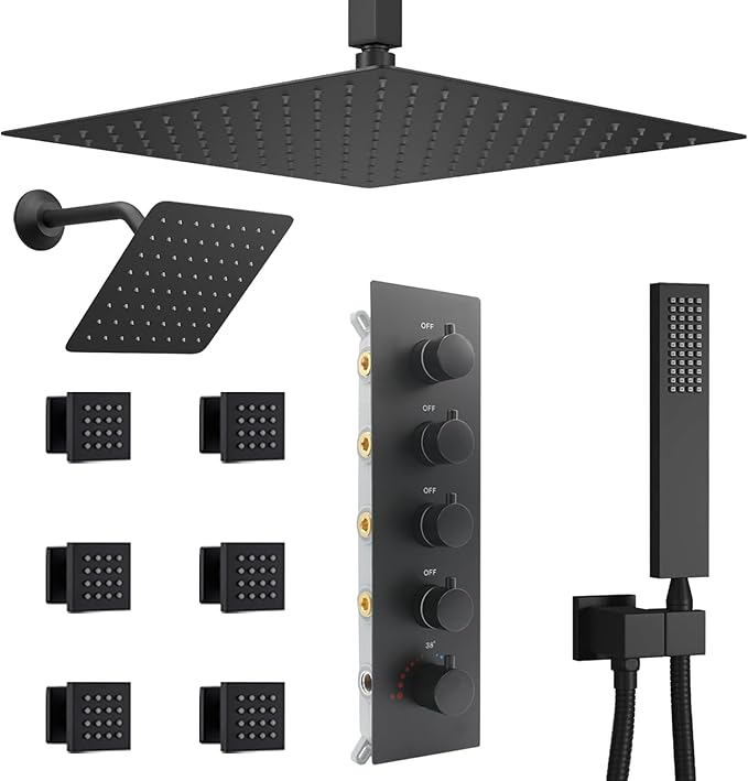 Black Shower Faucet Set Dual Shower Heads with 16" Ceiling Mounted Rain Shower Head & 6" Wall Mounted Head 4 Function Full Body Shower System with body jets,Matte Black