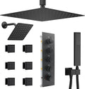 Black Shower Faucet Set Dual Shower Heads with 16" Ceiling Mounted Rain Shower Head & 6" Wall Mounted Head 4 Function Full Body Shower System with body jets,Matte Black