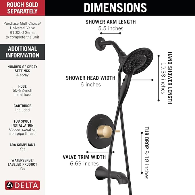 Delta Faucet Albion 14 Series Single-Handle Tub and Shower Faucet Set, Black/Gold Shower Trim with In2ition 2-in-1 Dual Shower Head, Matte Black/Champagne Bronze T144855-GZ-I (Valve Not Included)