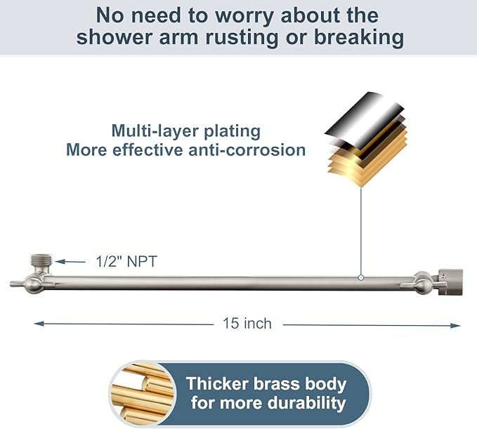 BRIGHT SHOWERS 15 Inch Extra Long Shower Head Extension Arm, Solid Brass Shower Arm Extender with Locking Screw for Rain and Handheld Showerhead, Height & Angle Adjustable, Brushed Nickel